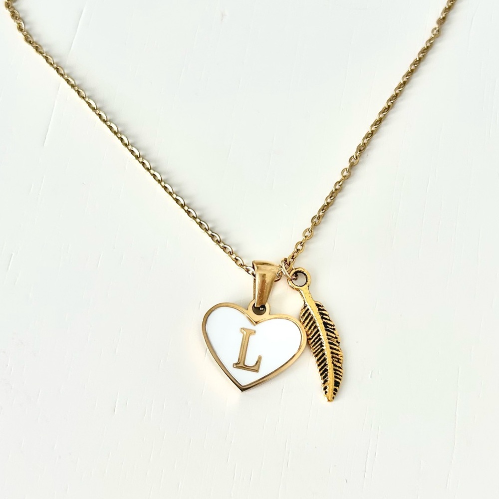 Initial Letter Necklace. L. Gold Heart and Feather 14k Gold Plated